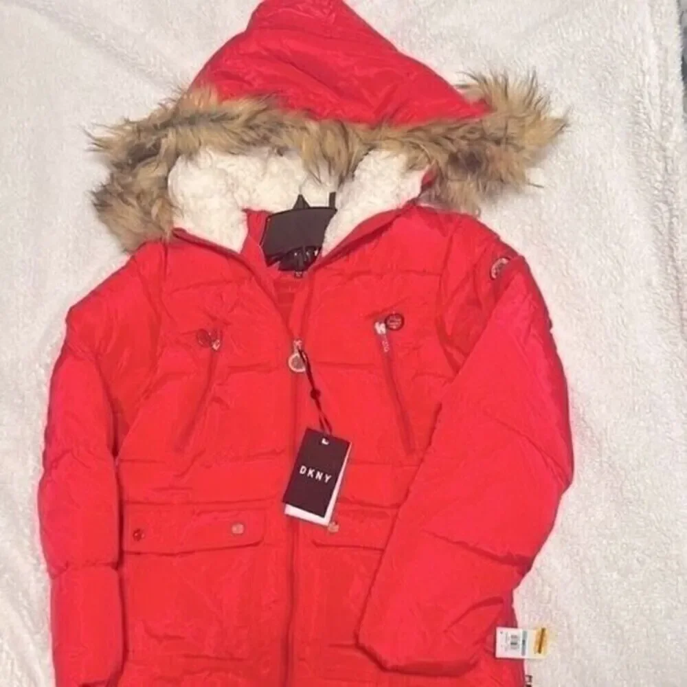 New DKNY Big Girls Long Puffer Jacket Fuschia size 16